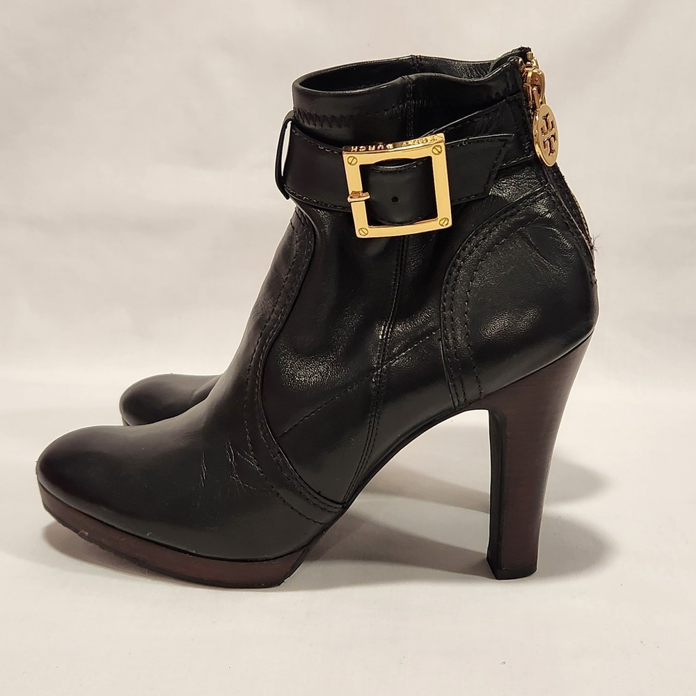 Tory Burch Melrose Ankle Boots Leather Heel Moto Black Logo Women's 7.5 Designer - Picture 9 of 16